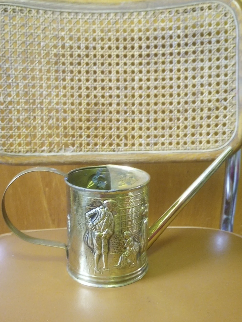 Vintage Molded Brass Watering Can w/ Colonial Historical Figures & Dogs
